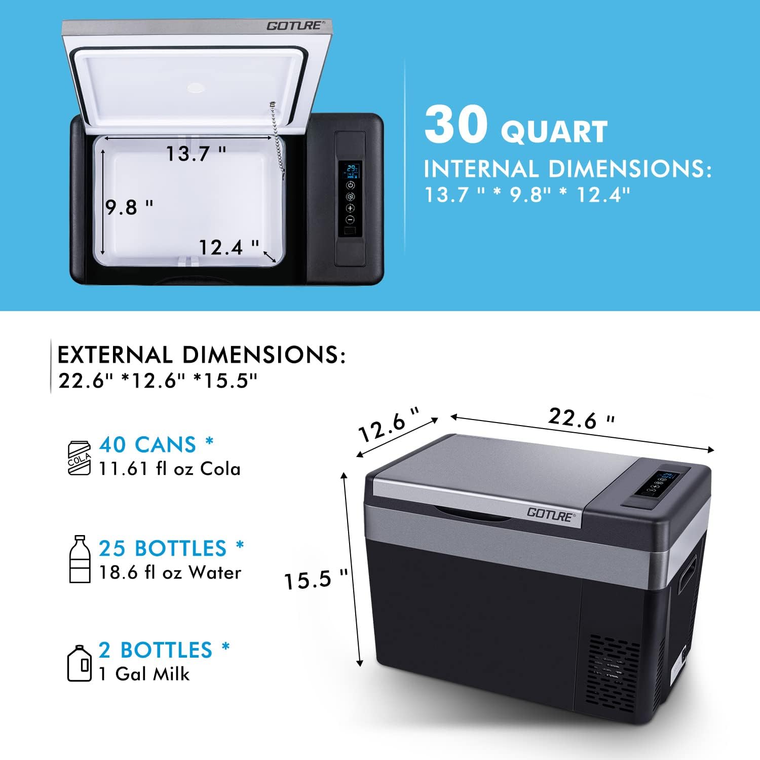 Goture 20QT Cooler, Portable Refrigerator, Freezer for Car, AC/DC Available RV Cooler 40 min 77℉ to -7.6℉ Fast Cooling for Car, RV, Camping and Home