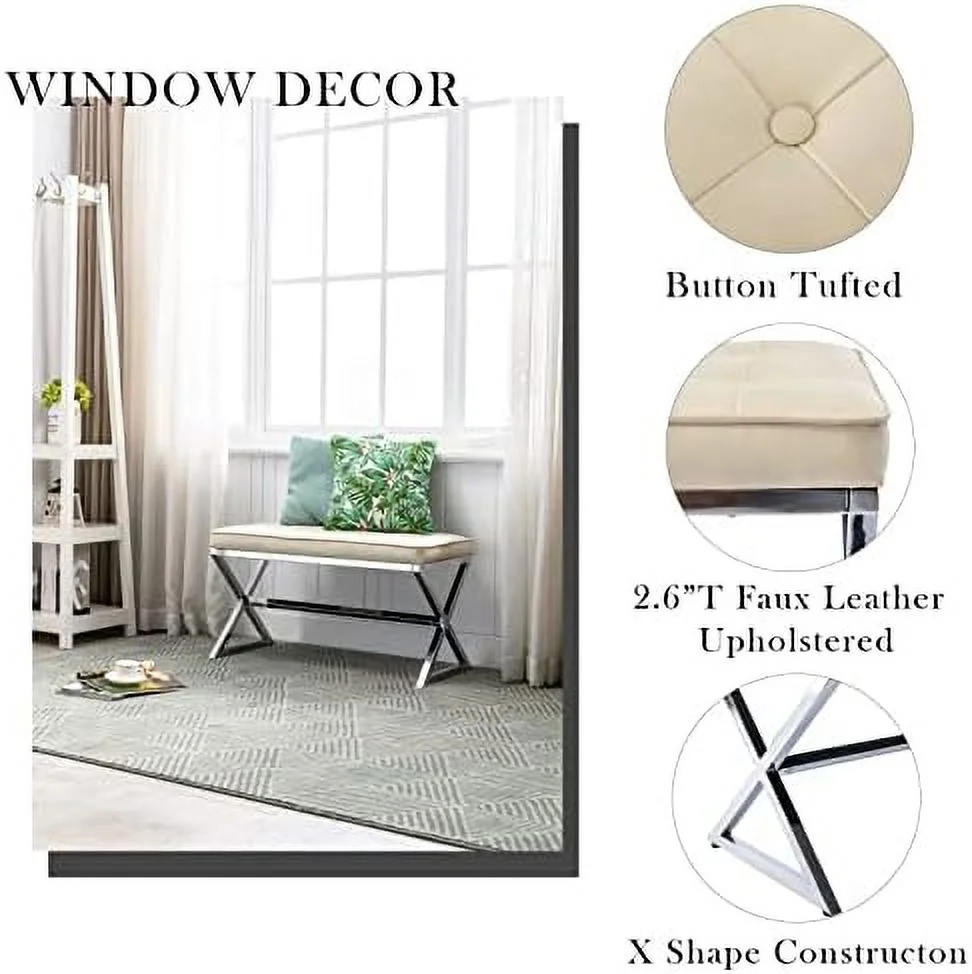 YZboomLife PU Leather Upholstered Entryway Bench Tufted Padded Bench with Metal X Legs for Bedroom End of Bed/Under Window/Living Room/Hallway/Foyer