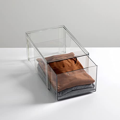 mDesign Plastic Stackable Closet Storage Organizer Bins with Pull Out Drawer for Cabinet, Desk, Shelf, Cupboard, or Dresser Organization