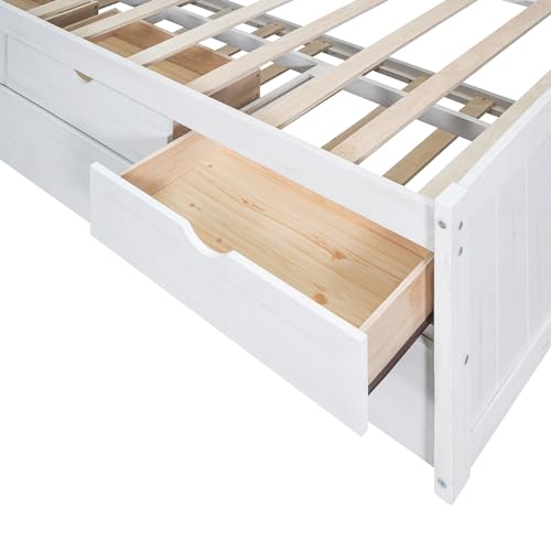 Twin Size Daybed with 4 Storage Drawers and Shelves, Wooden Twin Platform Bed Frame with L-Shaped Headboard and Slats Support