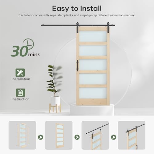 42x84 inch Glass Sliding Barn Door Slab with 7ft Hardware Kit Included, 5-Panel Frosted Glass, Spruce Wood Support DIY Dyeing, Easy Assembly