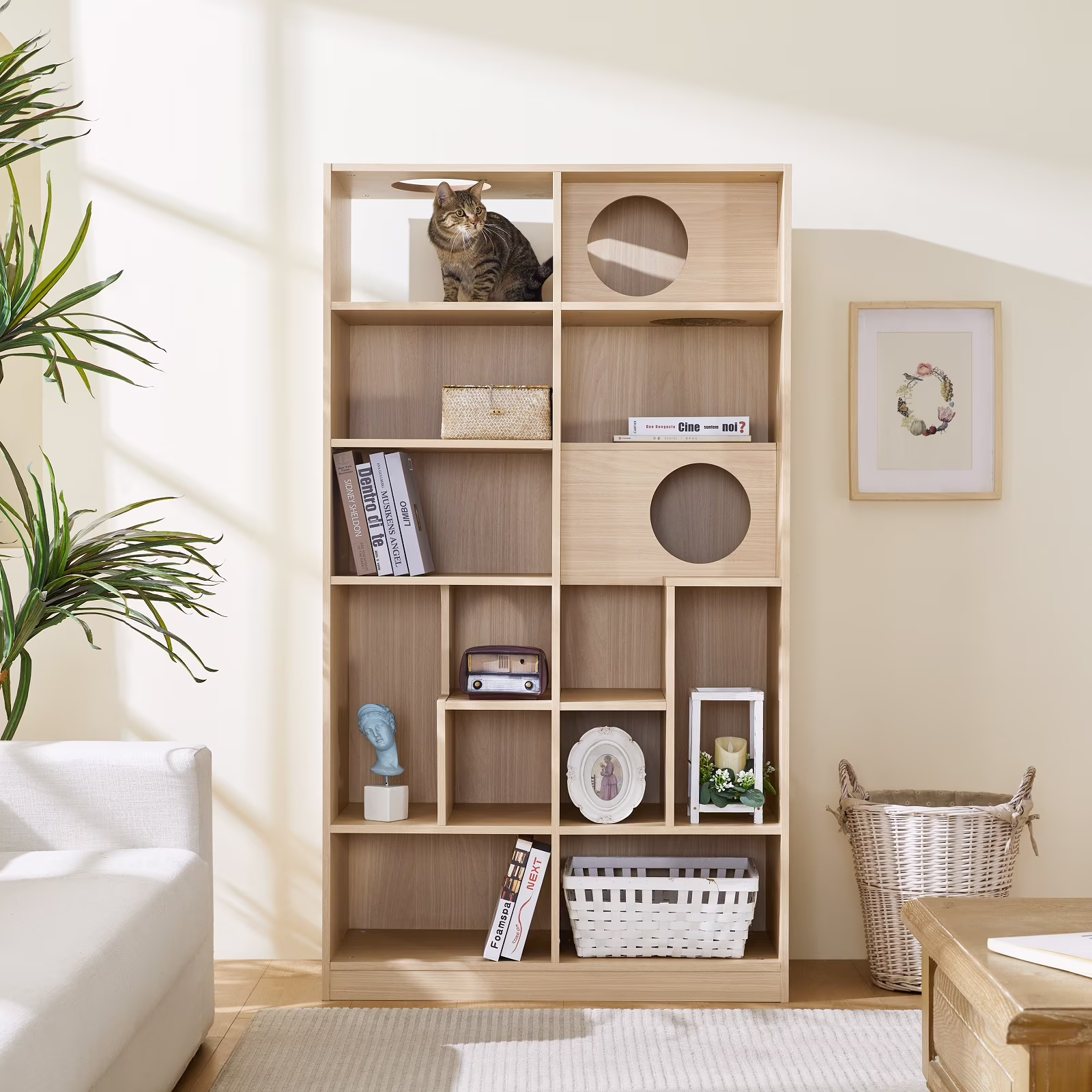 ZephyPaws Furniture Style Cat Bookcase with Shelves,Cat Tree Tower with Storage,Modern Book Shelf Furniture for Home Decor,Natural