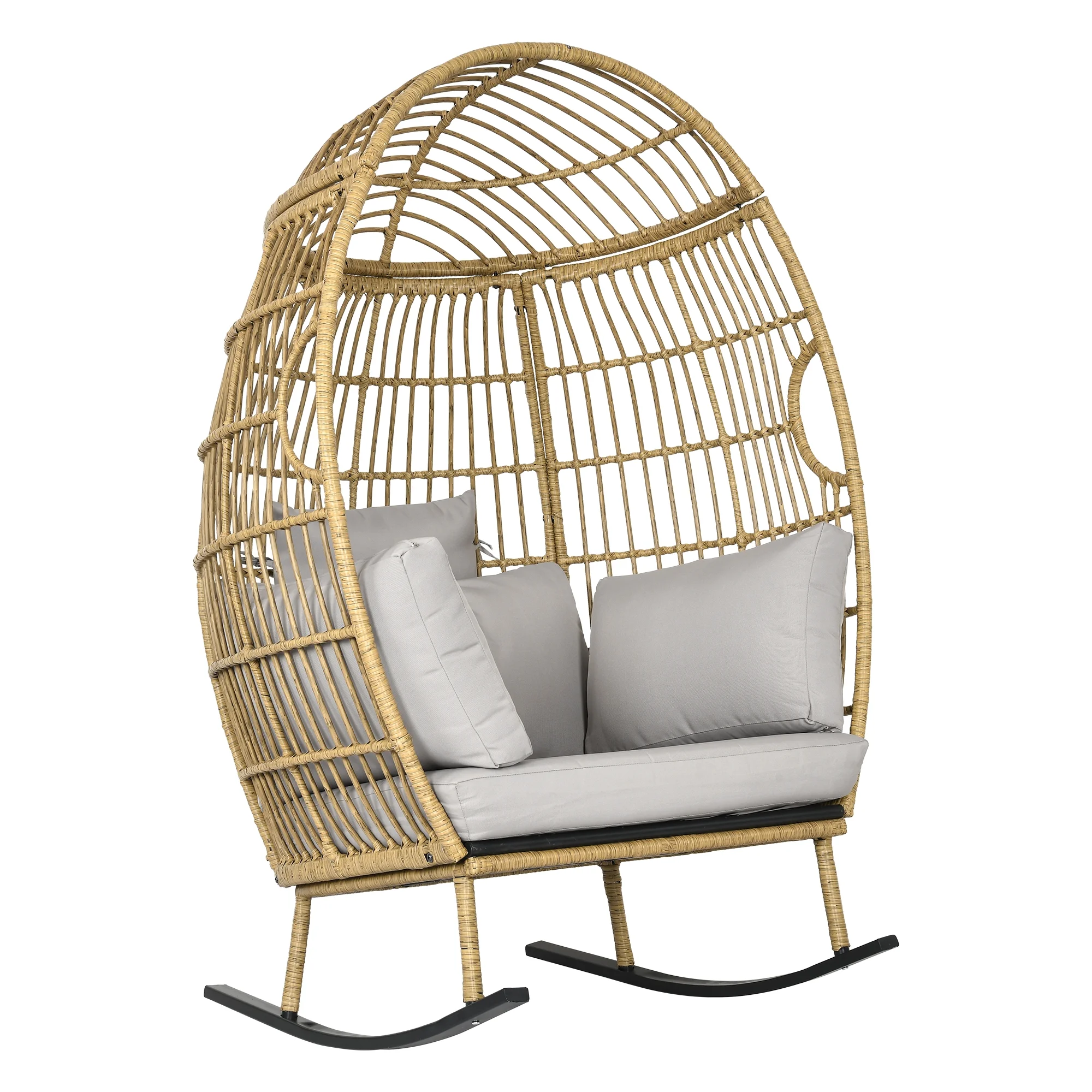 Dextrus Indoor Outdoor Rocking Egg Chair, Wicker Patio Rocking Basket Chair with 385lbs Capacity, All-Weather Oversized Egg Lounger Chair - Grey