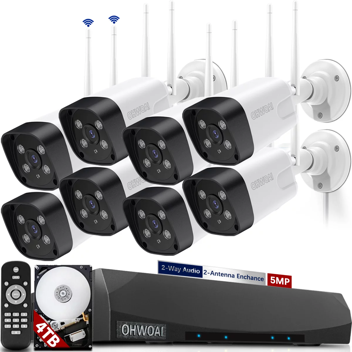 《2-Way Audio & 100ft Super Night Vision》 Dual Antennas Wireless Security Camera System Outdoor CCTV Cameras DVR Security System Wireless