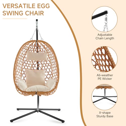 Outdoor Hanging Egg Chair, Patio Wicker Swing Chair with Stand and Cushion, Wider Basket Seating