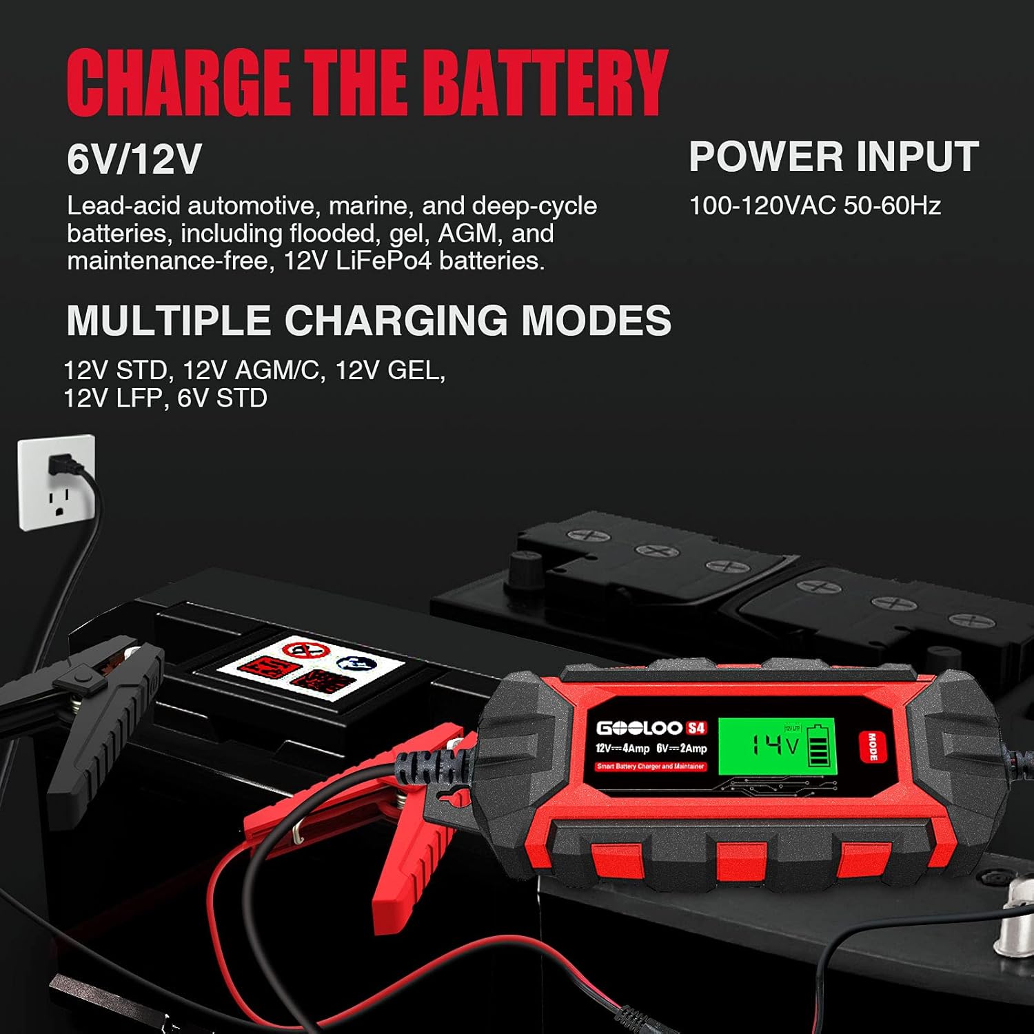 GOOLOO 4-Amp Car Battery Charger Automotive, 6V and 12V Battery Charger Maintainer, Trickle Charger, Supersafe Smart 12 Volt Automatic Float Charger