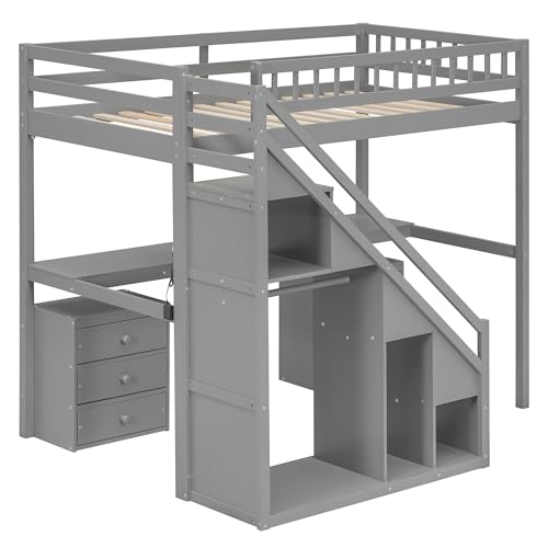 Modern Full Size Gaming Loft Bed with Built-in Desk and Storage Wardrobe, Wood Loft Bed Frame with Light Strip and 2 Drawers