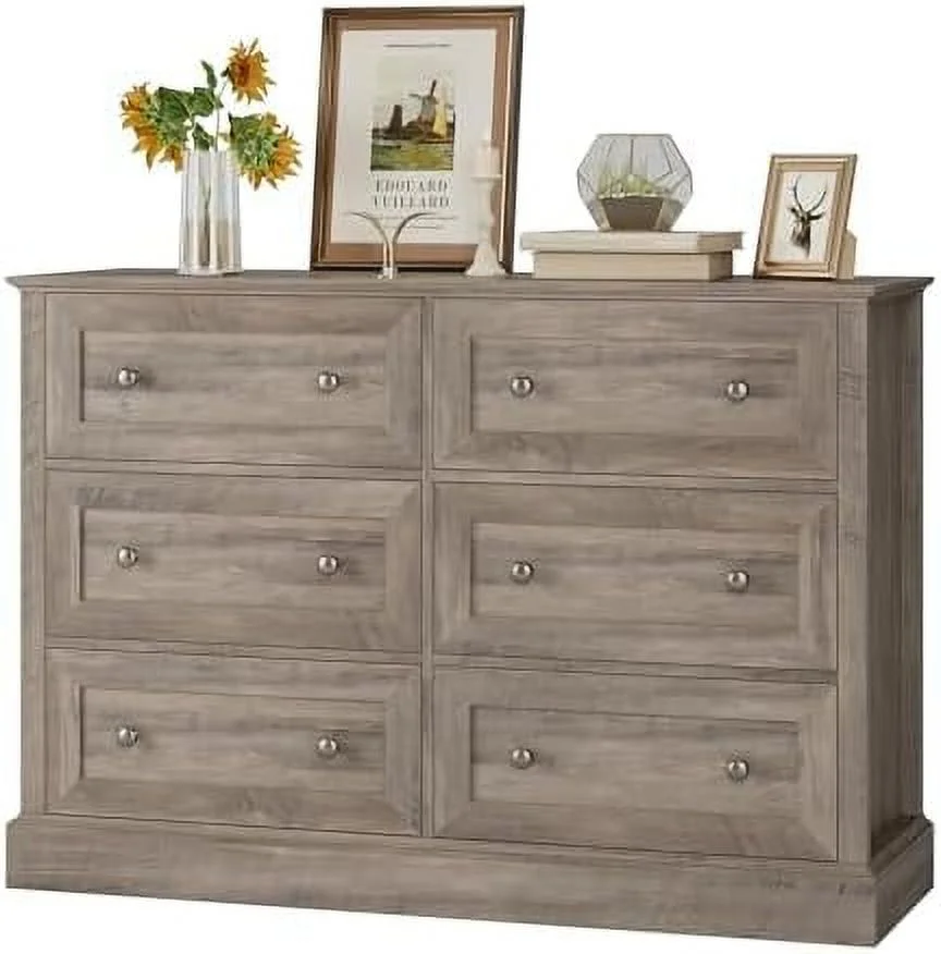 6 Drawer Double Dresser  Wood Dresser Chest  Wide Chest of Drawers with Deep Drawers &amp; Mental Double Handles for Hallway Living Room  Wash Gray