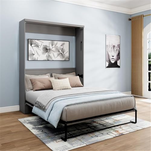 Queen Size Gray Murphy Wall Bed in Solid Wood, No Box Spring Needed, Easy Assembly