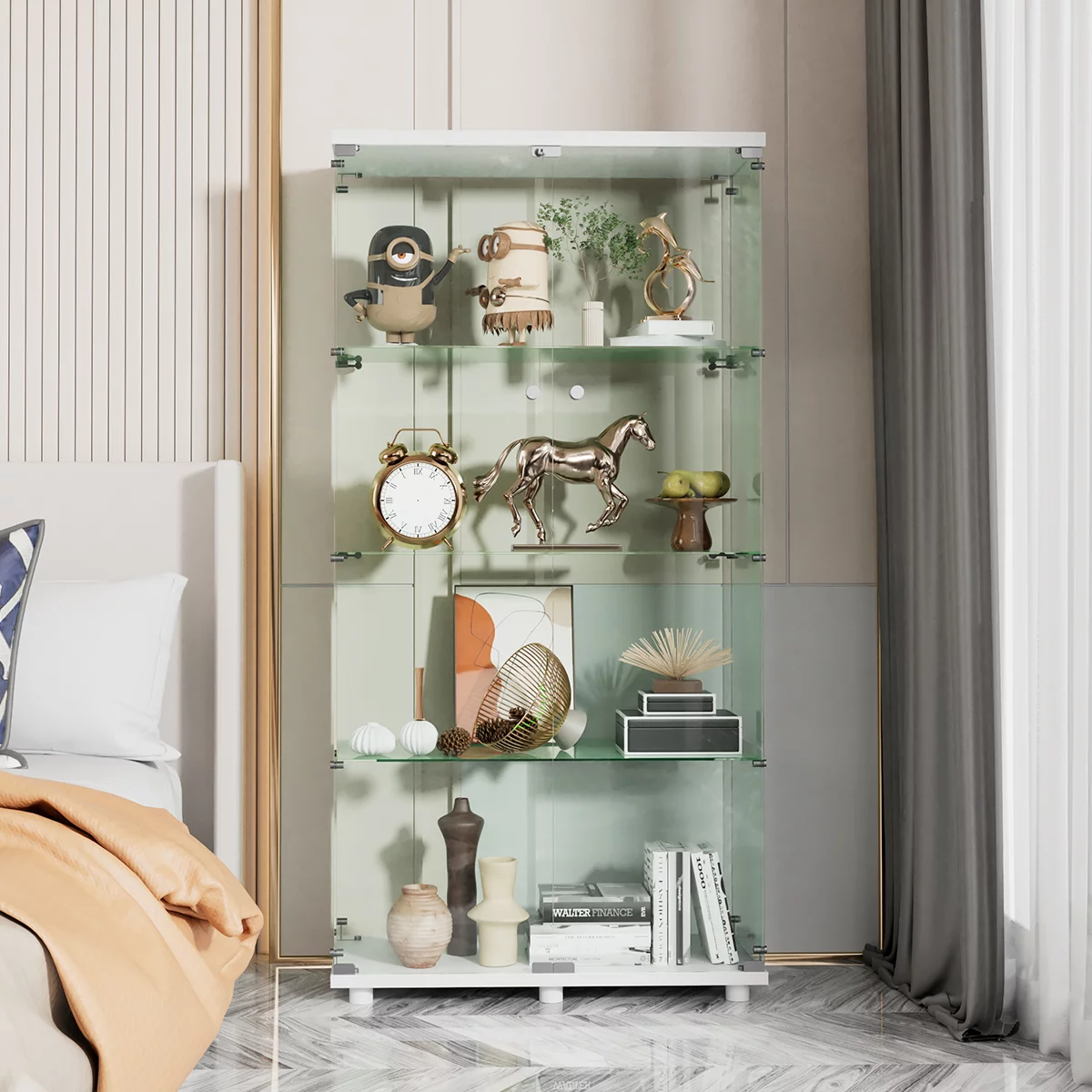 Two-door Glass Display Cabinet, Fast Installation in 50 Mins, Glass Curio Cabinets Bookshelf Display Case for Living Room Bedroom Kitchen