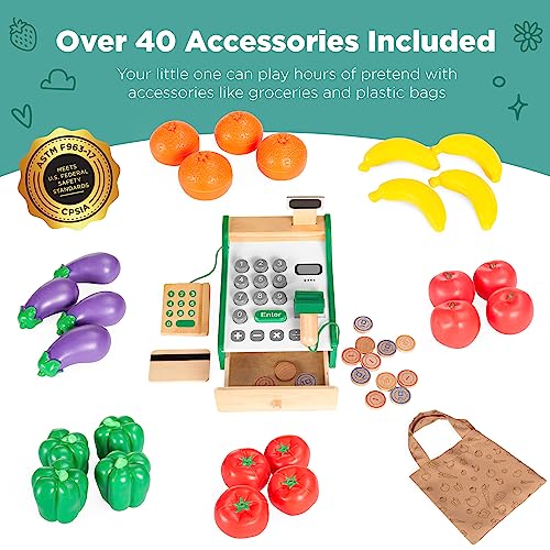 Best Choice Products Pretend Play Grocery Store Wooden Supermarket Toy Set for Kids w/Play Food, Chalkboard, Cash Register, Working Conveyor - Red