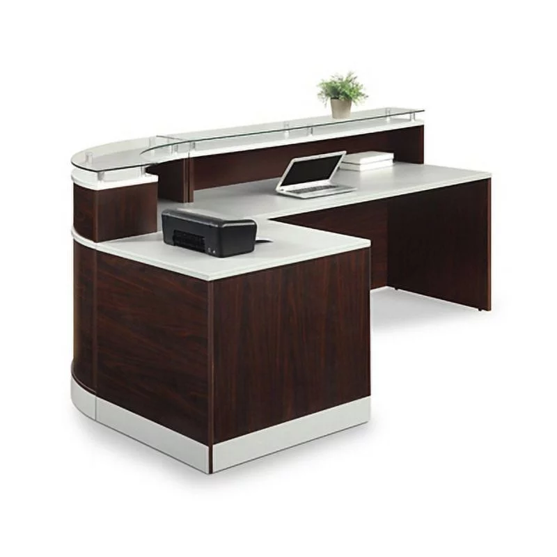 Esquire Glass Top Reception Desk 79"W x 63"D Mahogany Laminate/Silver Laminate Desktop Kickplate and Accents/Glass Top
