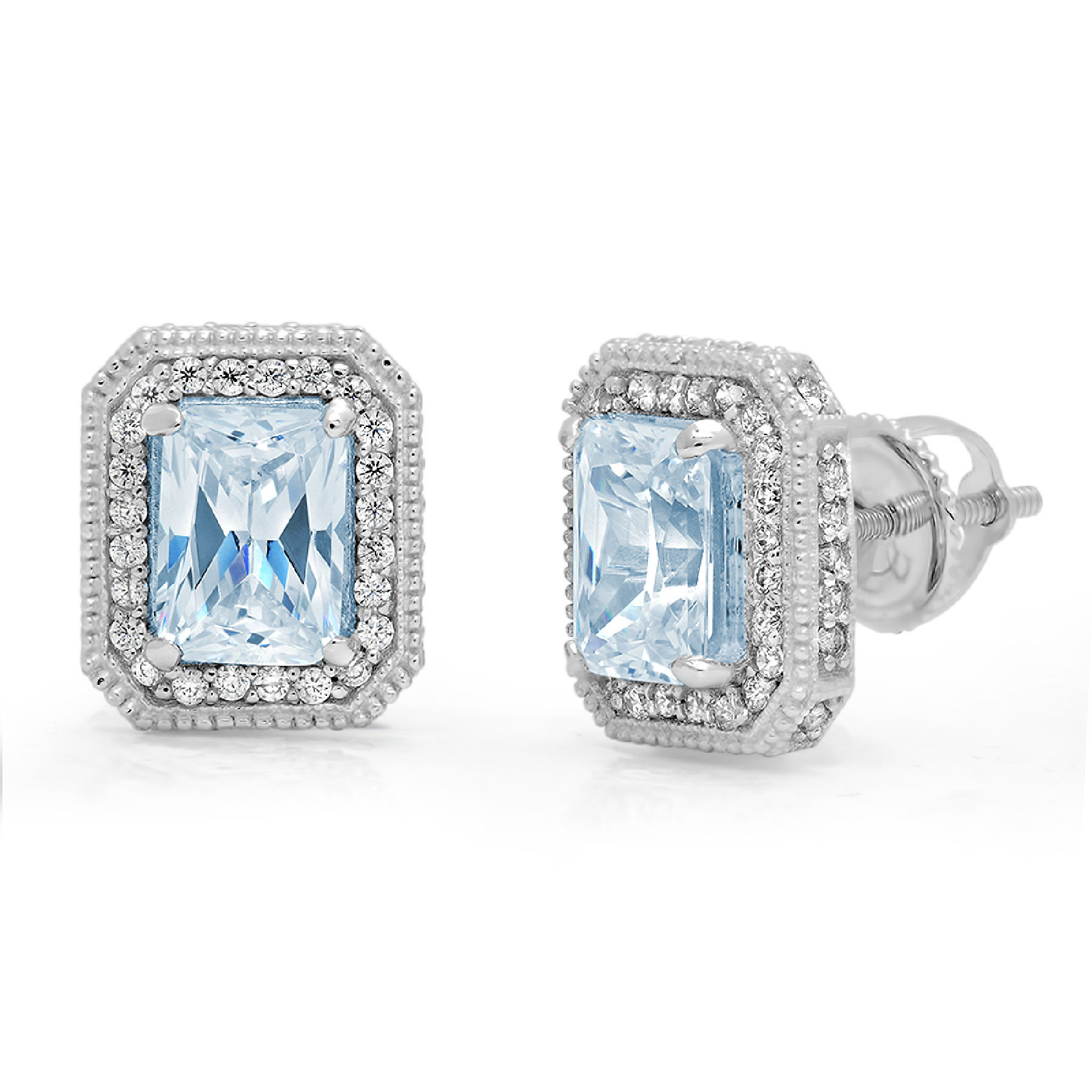 2.44Ct Brilliant Emerald Cut Halo Studs Genuine Blue Simulated Diamond Solid 18K White Gold Earrings Screw Back