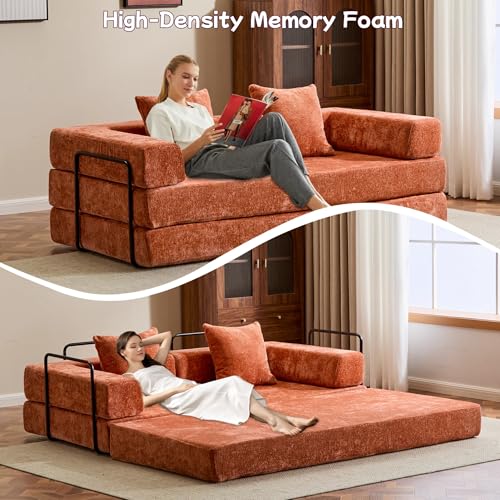 Convertible Floor Sofa Bed, Foldable Mattress Cloud Couch with Pillow Back & Armrest, Chenille Sleeper Sofa Bed with Fixed-Shape Frame