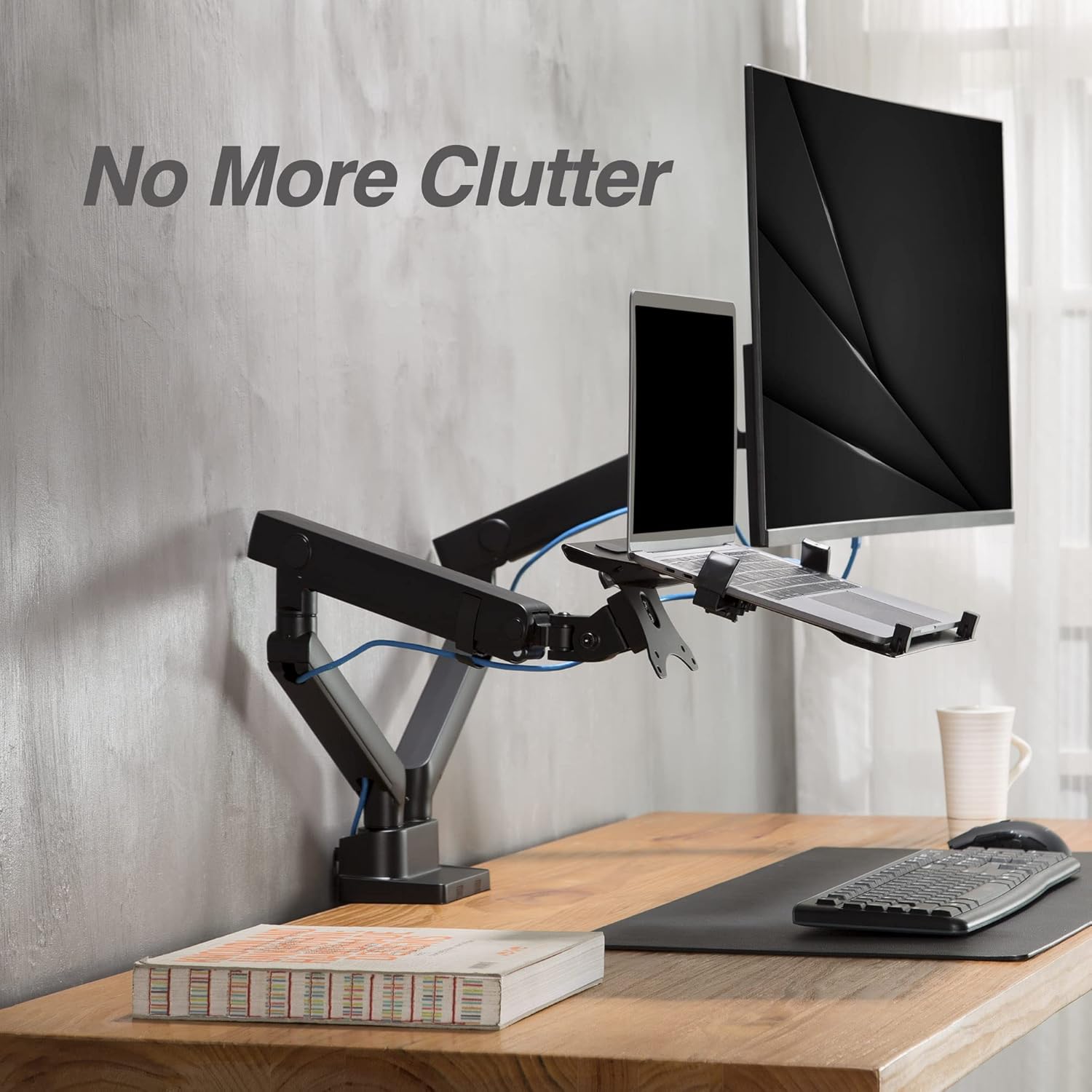 AVLT Laptop and Monitor Arm - Mount 15.6" Notebook and 32" Monitor on 2 Full Motion Adjustable Arms