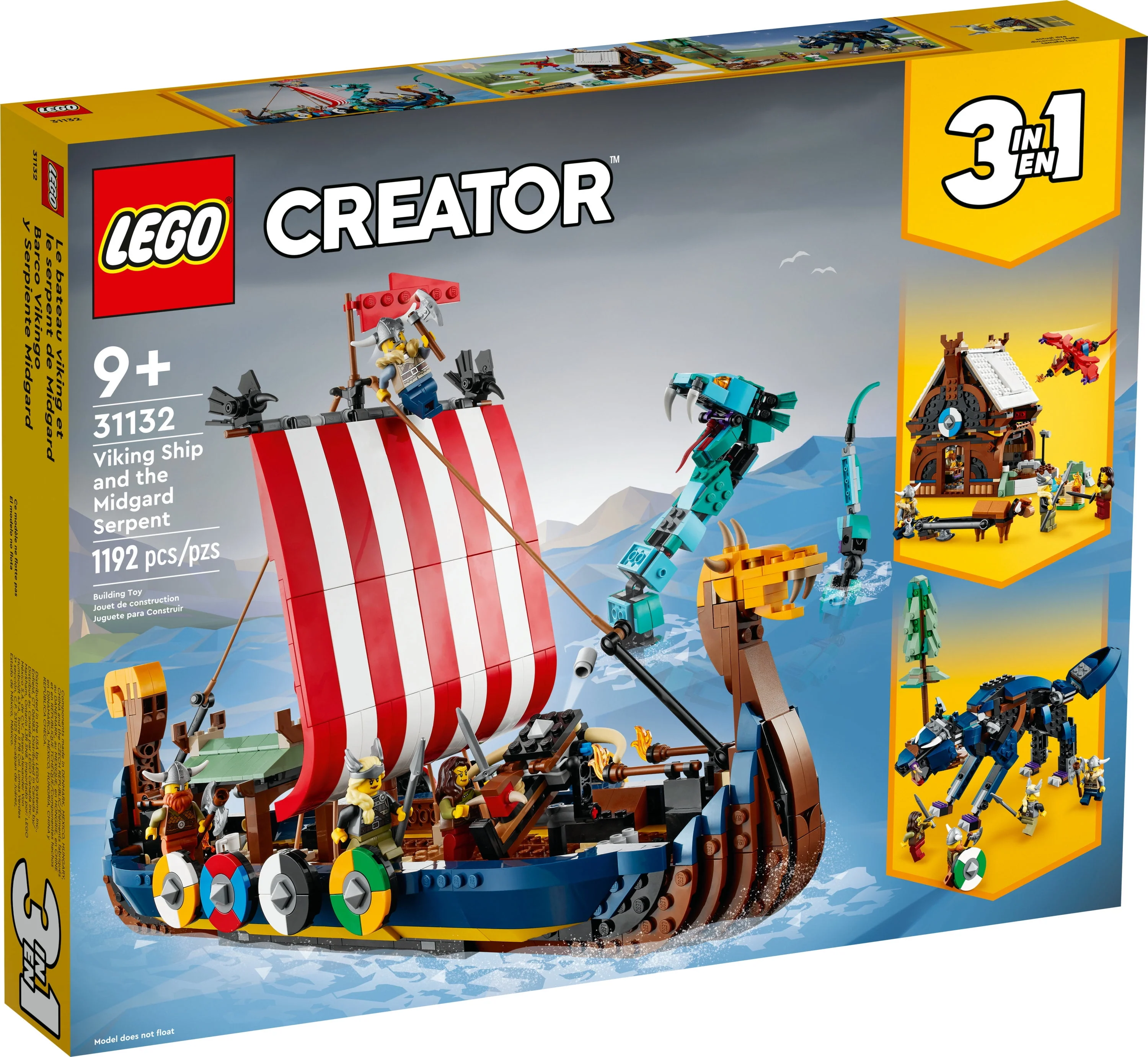 LEGO Creator 3 in 1 Viking Ship and the Midgard Serpent, Transforms from Amazing Ship to Viking House or Fenris Wolf Figure, Gifts for Kids, Boys