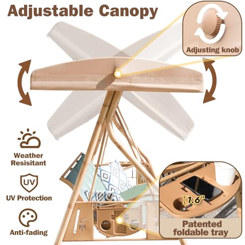 3 Person Patio Swing Outdoor Swing for Adults with Adjustable Canopy &Upgraded Cup Holders Textilene Fabric Porch Swing Chair with Stand Heavy Duty