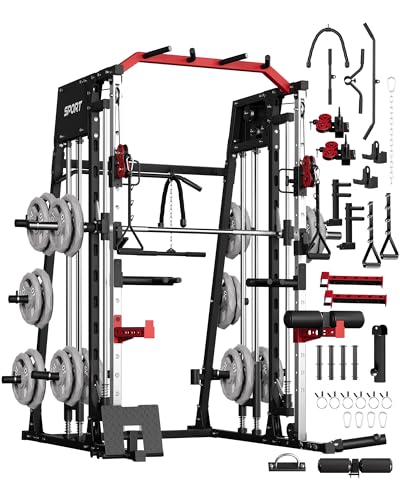 Smith Machine Home Gym All in One, 2200LBS Squat Rack Power Cage with Smith Bar, LAT Pull-Down, Cable Systems, Leg Hold-Down and More Attachments