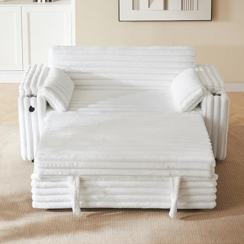 68.11" Corduroy Sleeper Chair Bed with USB Port, Cup Holders & Side Storage Pockets – 3-in-1 Foldable Sofa Bed for Guest Room, Living Room – White
