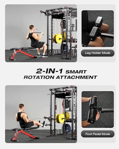 Mikolo Smith Machine, Multi-Function Power Cage with Dual Pulley System, Vertical Leg Press Attachment