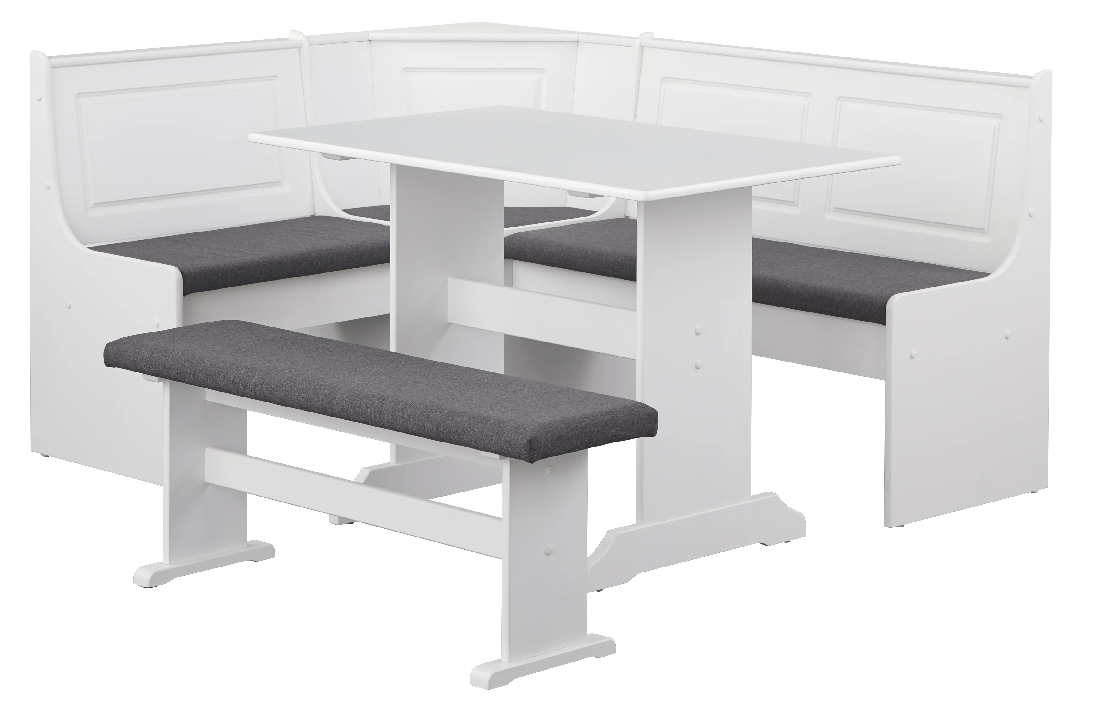 TMS Polly 3-Piece Upholstered Dining Nook Set, White Finish with Gray Upholstered Seat Cushions - Radiant Selections