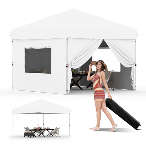10'x10' Pop Up Canopy Tent with 4Pcs Sidewalls, Portable Instant Commercial Canopy with 4 Stakes, 4 Ropes, 4 Sandbags for Farmers'
