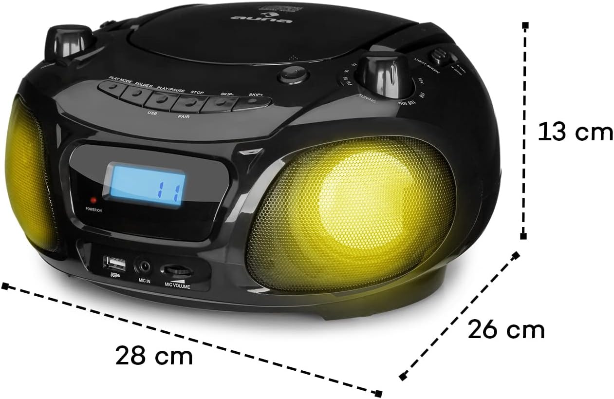 AUNA Roadie Sing - CD Radio, Portable Karaoke, Stereo System, Boombox, CD Player, USB Port, MP3, FM Radio Tuner, Bluetooth 3.0, LED Lighting