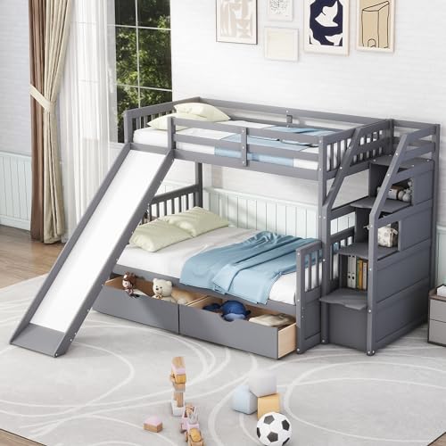 Harper & Bright Designs Bunk Beds Twin Over Full Size, Bunk Bed with Trundle,Storage Shelf and Stairway