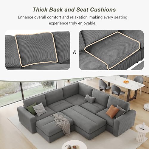 Merax 121.3" Sectional Corduroy Sofa Bed, L-Shape & U-Shape 7 Seat Deep Seating Modular Soft Couch with Two Movable Ottomans for Living Room, Gray