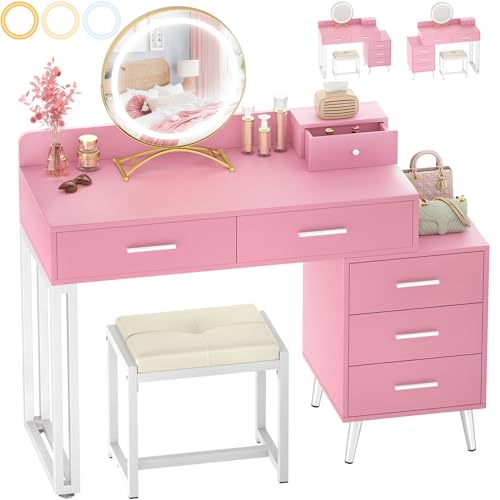 White Vanity Desk with Mirror and Lights, Modern Makeup Vanity Table Set with 6 Storage Drawers and Cushioned Stool for Bedroom