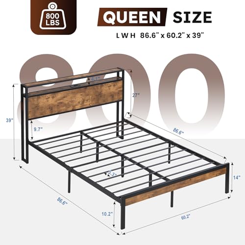 Queen Size Bed Frame with 4 Storage Drawers, LED Platform Bed with Headboard, Built in Charging Station, Noise Free, Stable and Solid