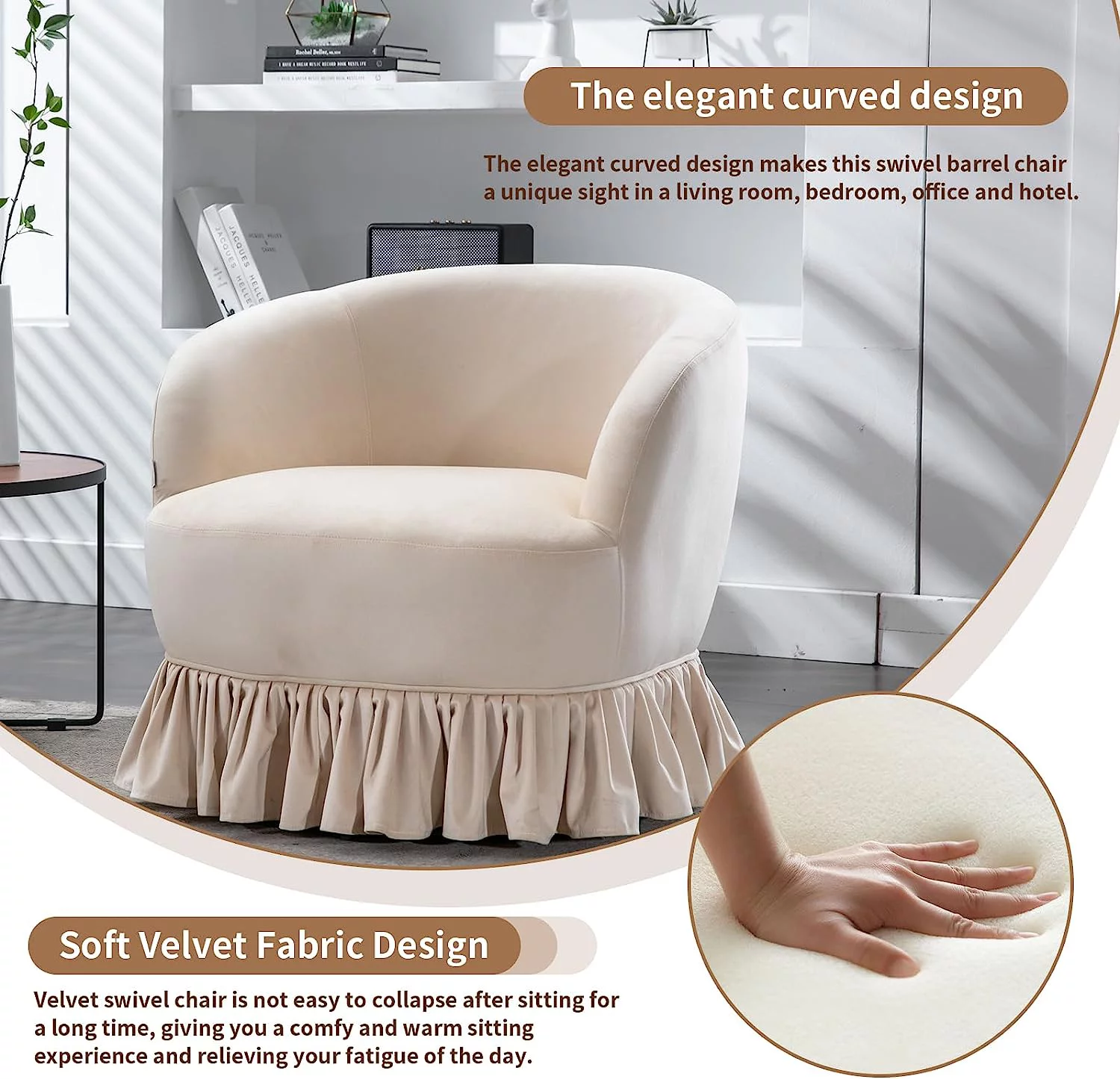 Tabaray Swivel Barrel Chair with Pleated Skirt, 360 Degree Swivel Barrel Club Chair, Comfy Velvet Round Sofa Chair for Living Room