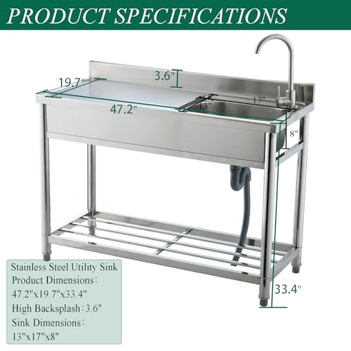 Stainless Steel Utility Sink Freestanding Kitchen Sink with Faucet Single Bowl 16 Gauge Outdoor Workbench with Knife Hole for Restaurant or Laundry
