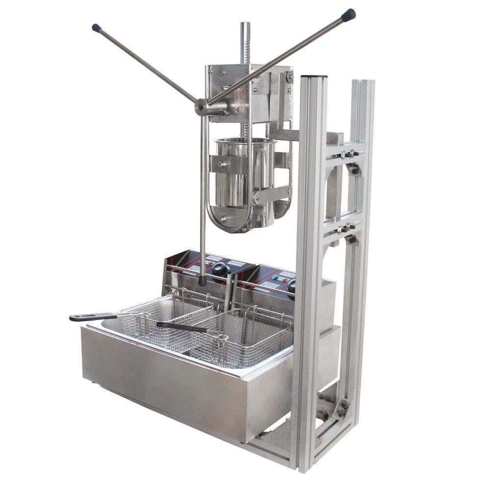 Miumaeov Churros Machine Manual Stainless Steel Vertical Sausage Stuffer with Fryer 2 in 1 Sausage Maker Spanish Churro Maker Commercial Home Spanish