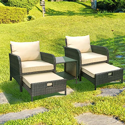 LEVELEVE Balcony Furniture 5 Piece Patio Conversation Set, PE Wicker Rattan Outdoor Lounge Chairs with Soft Cushions 2 Ottoman&Glass Table for Porch