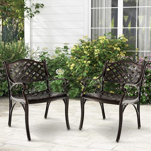 Giantex Cast Aluminum Patio Chairs Set of 2, All Weather Outdoor Dining Chairs w/Armrests and Curved Seats, Heavy Duty Metal Bistro Chairs for Porch