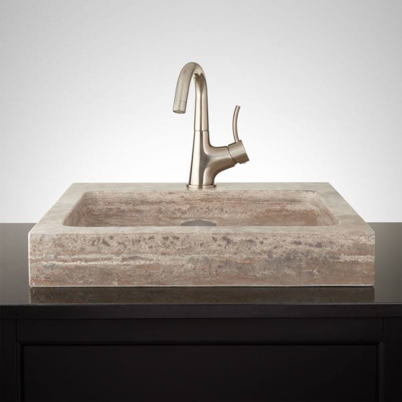 Signature Hardware Square Polished Travertine Vessel Sink with Single Silver