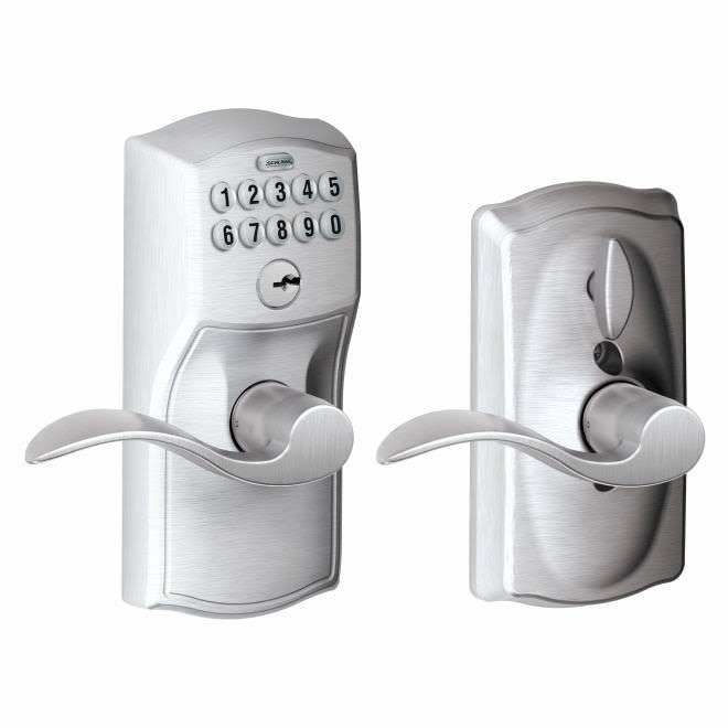 Schlage FE595 CAM/ACC Camelot Keypad Flex-Lock Entry Leverset with Accent Lever Antique Brass