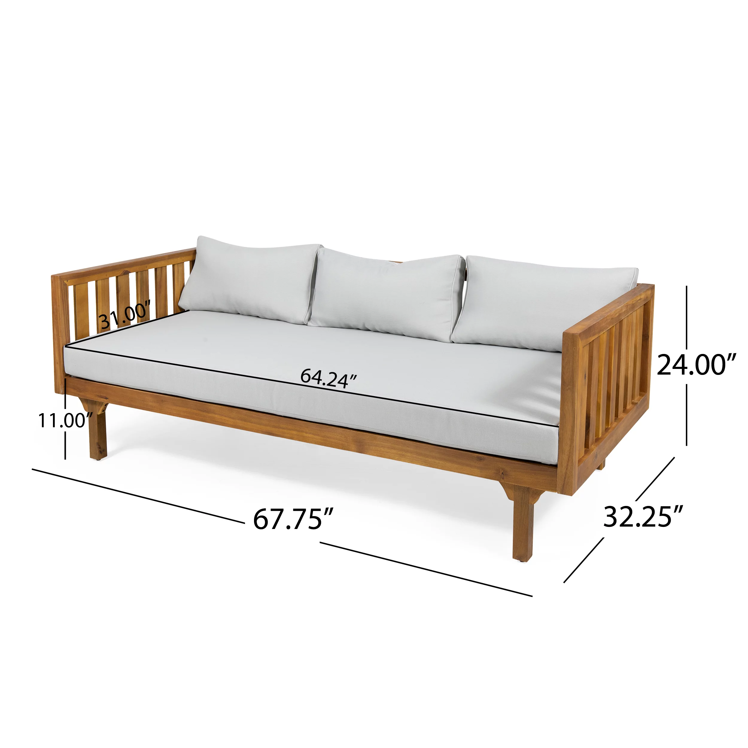 Noble House Lainey Outdoor 3-Seater Acacia Wood Daybed, Teak, Light Gray