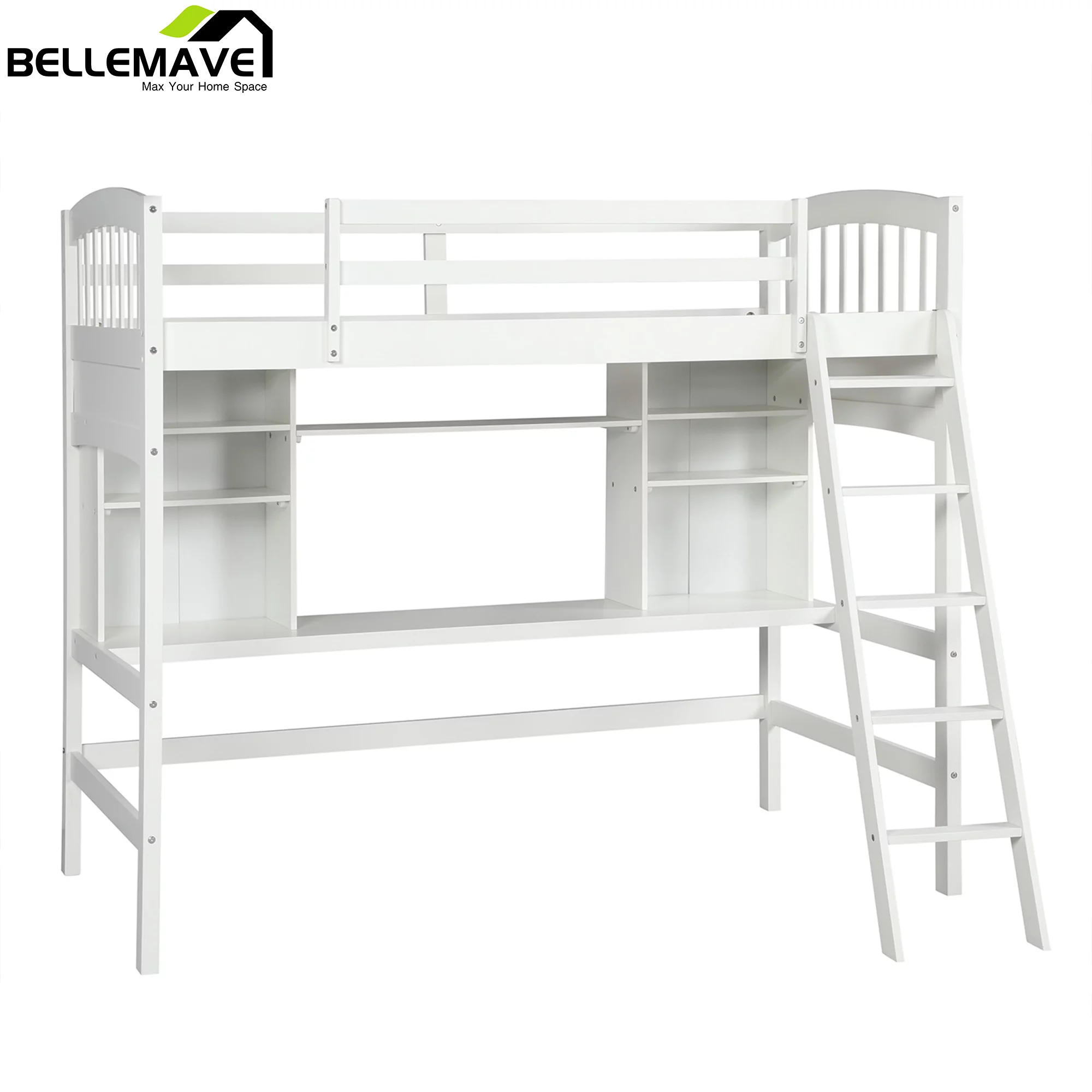 Bellemave Twin Size High Loft Bed with Storage Shelves, Desk and Ladder for Kids Bedroom,Solid Wood Bed frame with Safety Guardrails for Teens