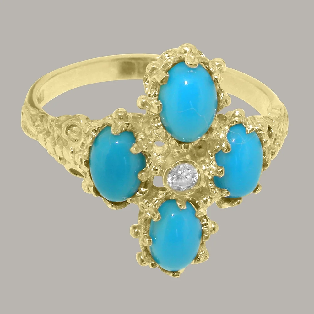 LBG British Made 9k Yellow Gold Natural Diamond & Turquoise Womens Anniversary Ring - 33 size options - Size 12
