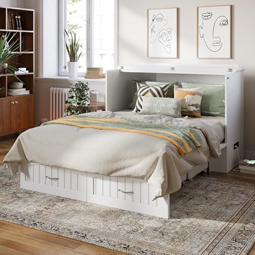AFI Southampton Queen Murphy Bed Chest with Mattress, Storage, and Built-in Charger in Grey