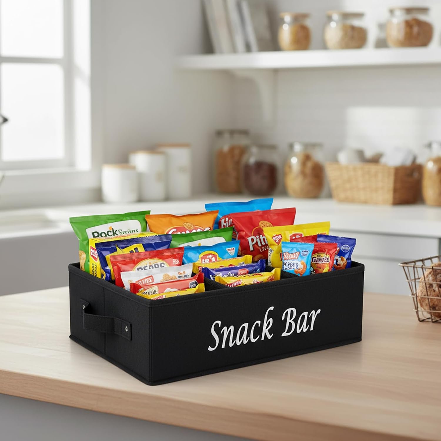 Snack Organizer for Countertop, Fabric Snack Organizer with Handles, 6 Compartment Snack Container Candy Storage, Foldable Snack Basket Tray