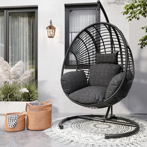 Oversized Hanging Egg Chair Outdoor Indoor, Wicker Swing Egg Chair with Stand 400lbs Capacity for Bedroom, Patio, Garden and Balcony (Beige-nest