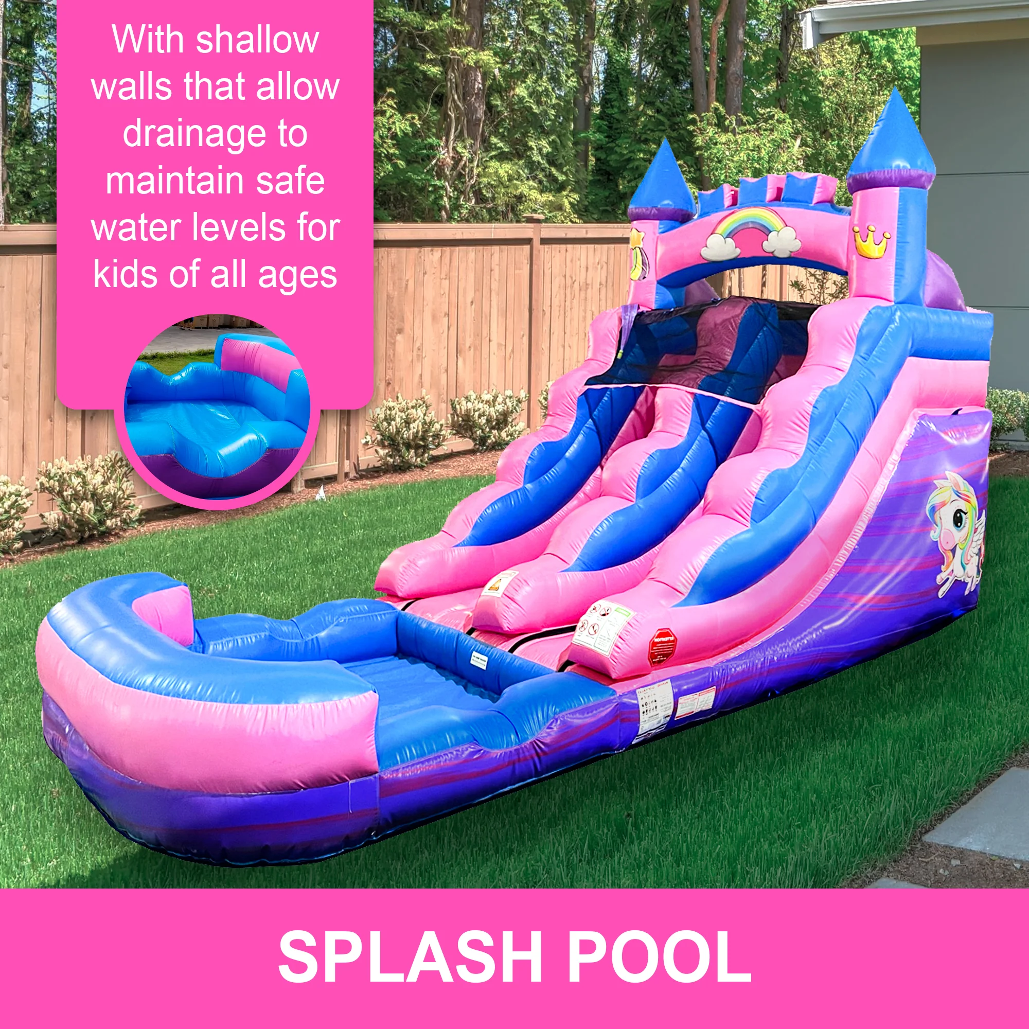 Pogo Bounce House Crossover Kids Inflatable Water Slide, Pink Unicorn with Blower, 12 ft