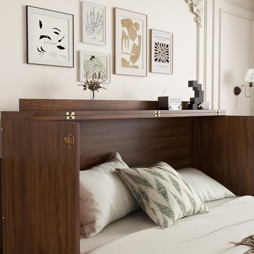 KEIKI Queen Murphy Bed Cabinet with Charging Station & Rattan Design – Space-Saving Wall Bed with Large Storage Drawer
