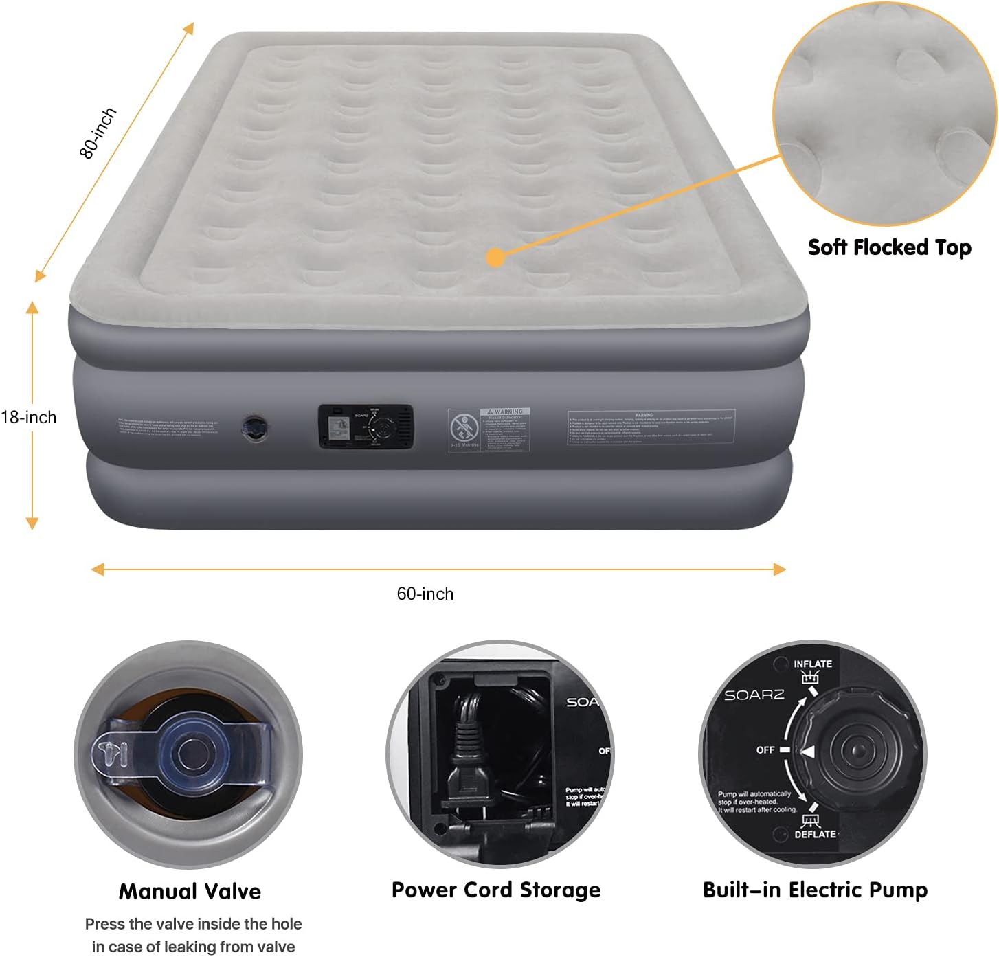 SOARZ Air Mattress Queen with Built-in Pump, Upgraded Double High Luxury Flocked Top Airbed for Home Camping Travel and Indoor Use