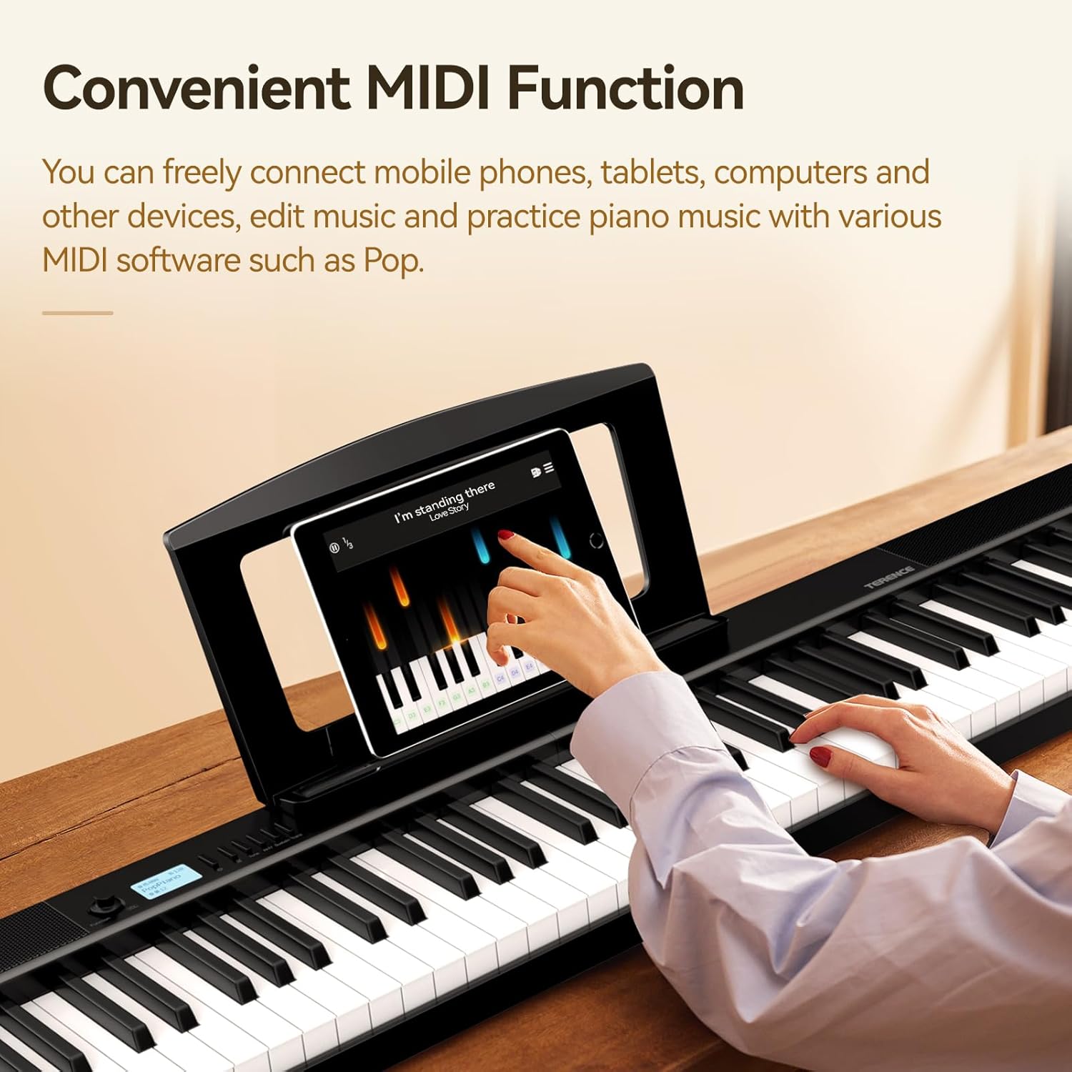 TERENCE Piano Keyboard, 88 Key Full Size Weighted Folding Piano Keyboard, Digital Keyboard Piano with 2X5W Speakers, Music Stand, Keyboard Stickers