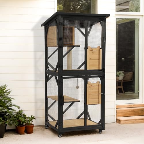 71" H Cat Catio Outdoor Cat Enclosure Window, 4 Tiers Cats Wooden House Cage on Wheels, Large Catios for Cats Indoor Patio with Waterproof Roof