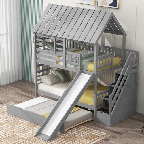 Kids Twin Over Twin Bunk Beds with Slide and Trundle, Solid Wood Bunk Bed Frame with Stairs and Storage